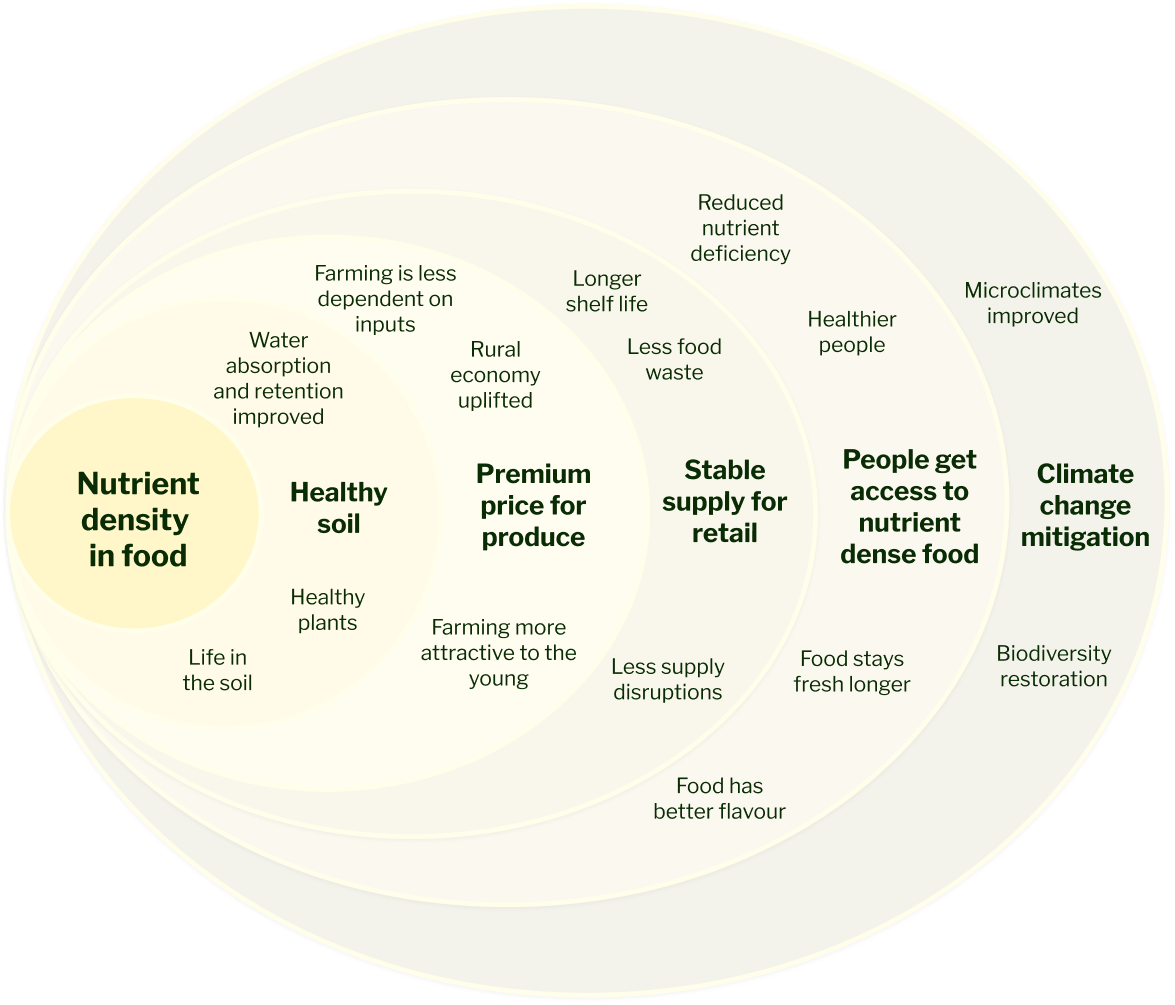 Diagram showing the ripple effect of nutrient density in food: from soil health, to premium pricing and stable supply, to people's health, to climate change mitigation
